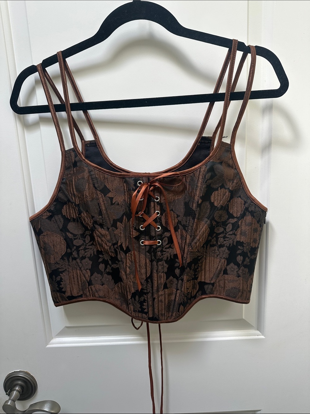 Brown Floral Lace-Up Corset Crop Top - Women